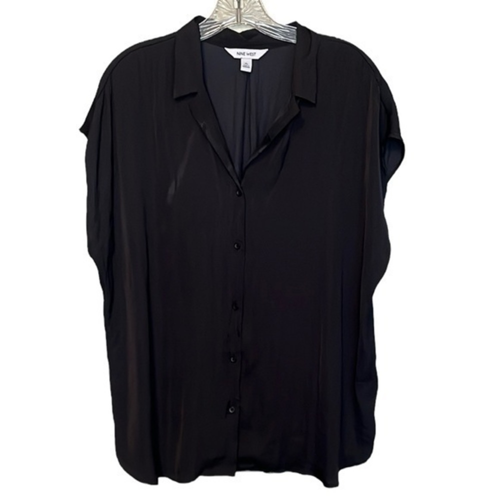 Nine West Cap Sleeve Button Up Shirt Black Womens Size XL, feels like silk